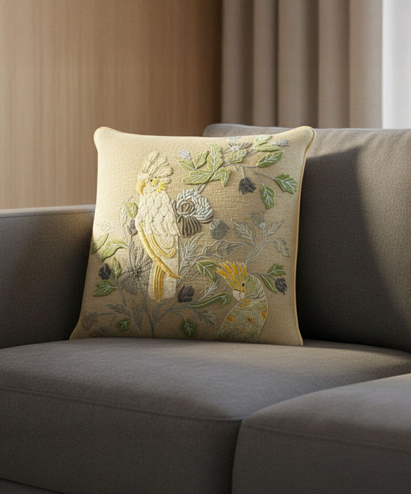 Cockatoo Carnival Hand Embroidered Throw Pillow Cover | 24x24 | 100% Cotton