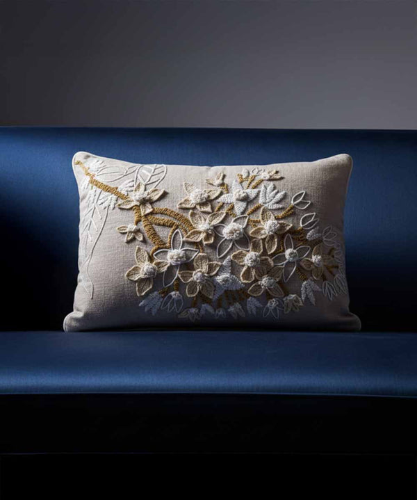 The Elysian Hand Embroidered | Beige | Cotton Chambray Throw Pillow Cover | 14x20
