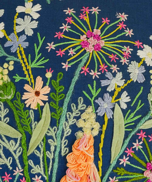 Midnight Bloom Hand Embroidered Throw Pillow Cover | 20x20 | 100% Cotton