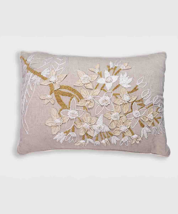 The Elysian Hand Embroidered | Beige | Cotton Chambray Throw Pillow Cover | 14x20