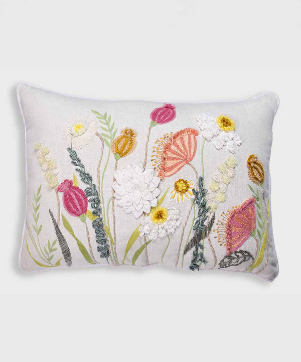 Blush and Bloom Hand Embroidered | Textured Cotton Throw Pillow Cover | 14x20