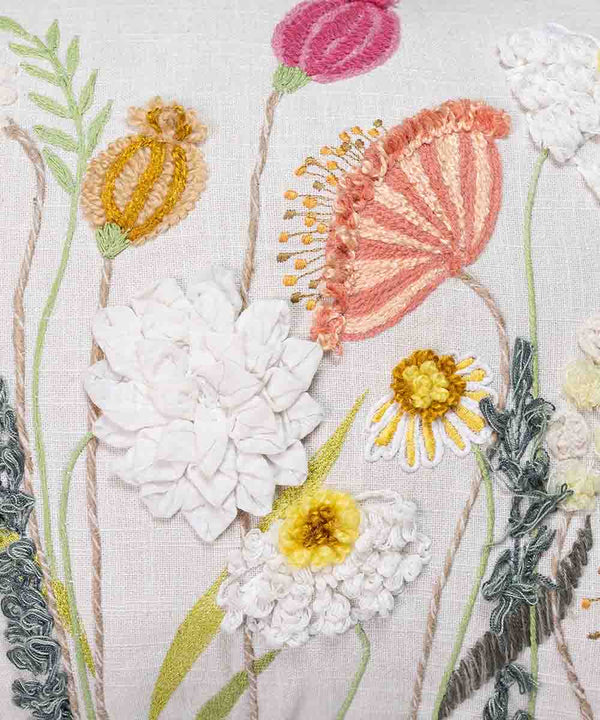 Blush and Bloom Hand Embroidered | Textured Cotton Throw Pillow Cover | 14x20