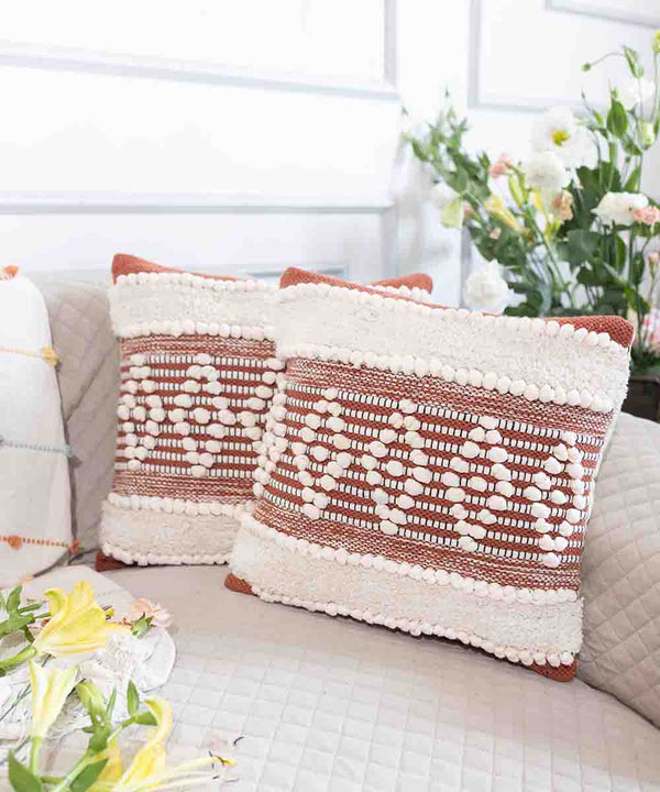Mira Hand Tufted Bands Geometric Throw Pillow Cover | Rust Amber| 16x16