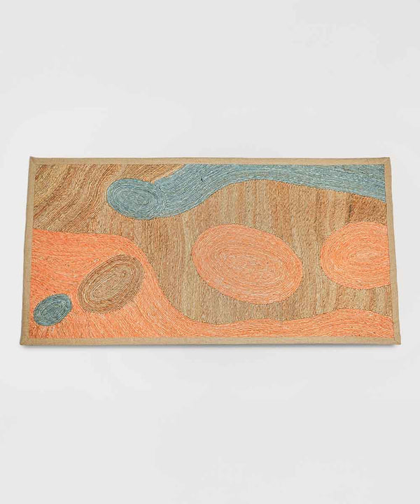 Coral & Sky Starry Currents – Art Weave Jute Rug | Handmade | 90% Jute 10% Cotton | 28×56 in