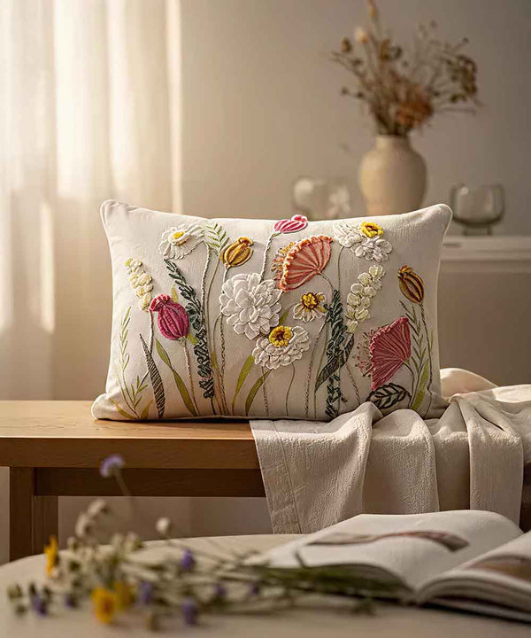Blush and Bloom Hand Embroidered | Textured Cotton Throw Pillow Cover | 14x20