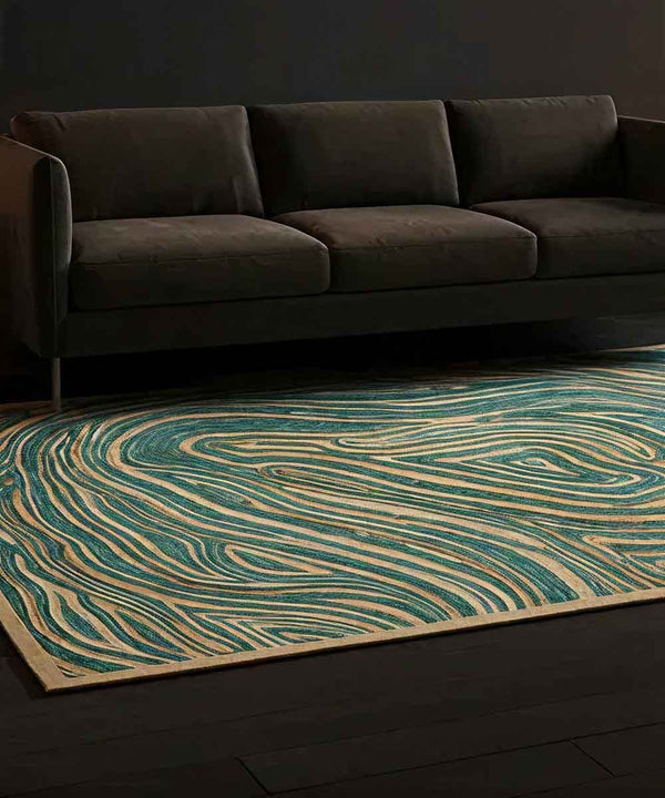 Emerald Canvas of Currents – Hand Made Artisan Jute Rug | 90% Jute 10% Cotton | 28 × 56 in